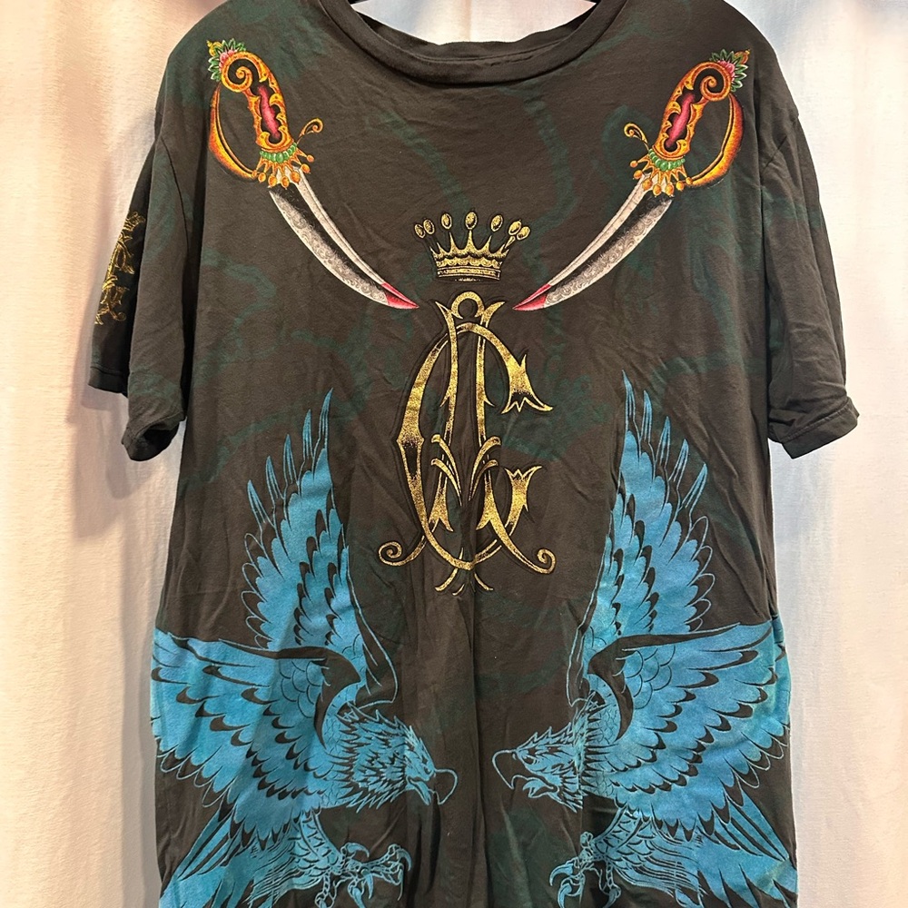 Christian Audigier Black Tee with Blue and Gold Eagle Design